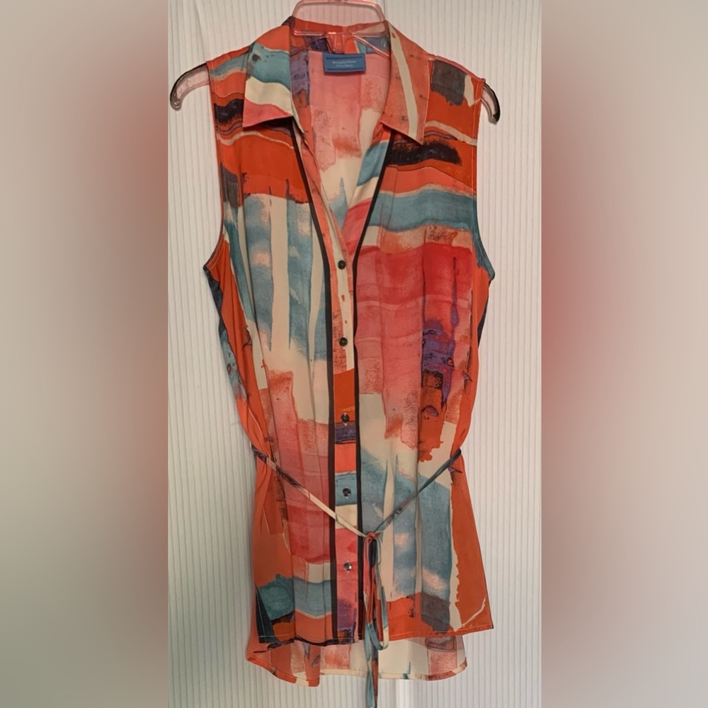 Simply Vera by Vera Wang Sleeveless Blouse V Neck Button Front Tie Belt Medium